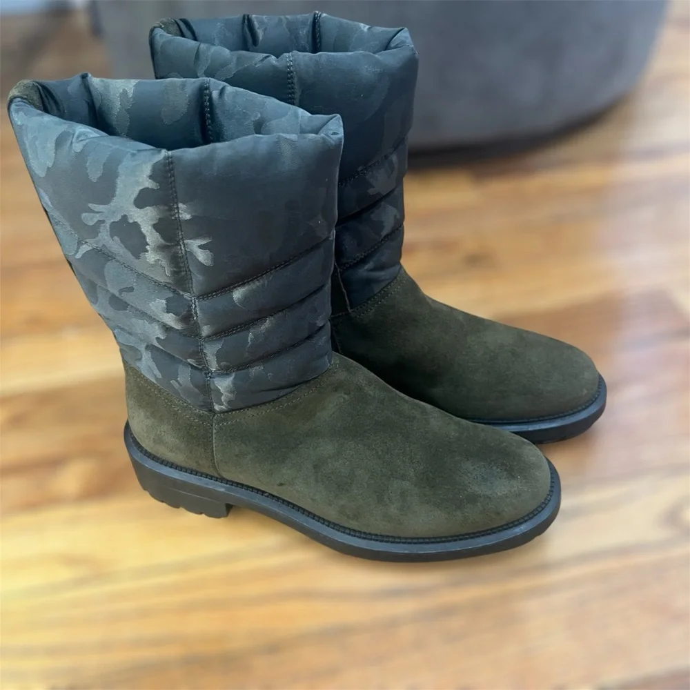 Aquatalia women‎ Lori olive green camouflage suede quilted puffer boots size 7